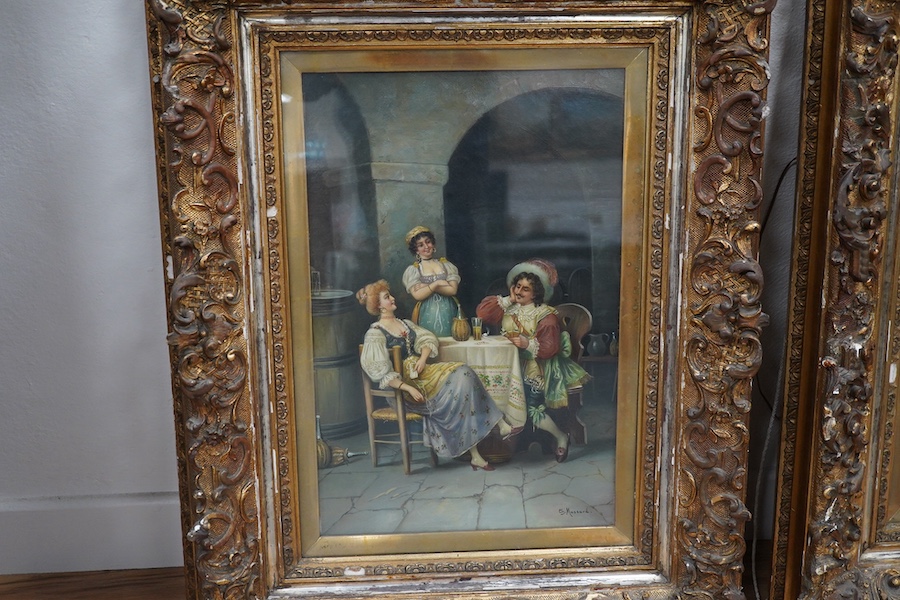 Ch. Mussard (late 19th century), a pair of oils on canvas, Tavern scenes with a fashionable gentleman and two ladies, signed l.l., 46cm x 30cm. Condition - image good condition, frames poor